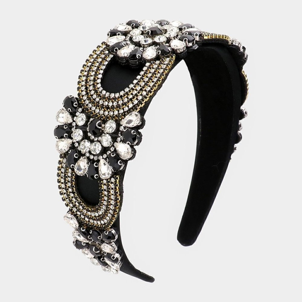 80. Black Tux Floral Multi Stone Embellished Headband‎